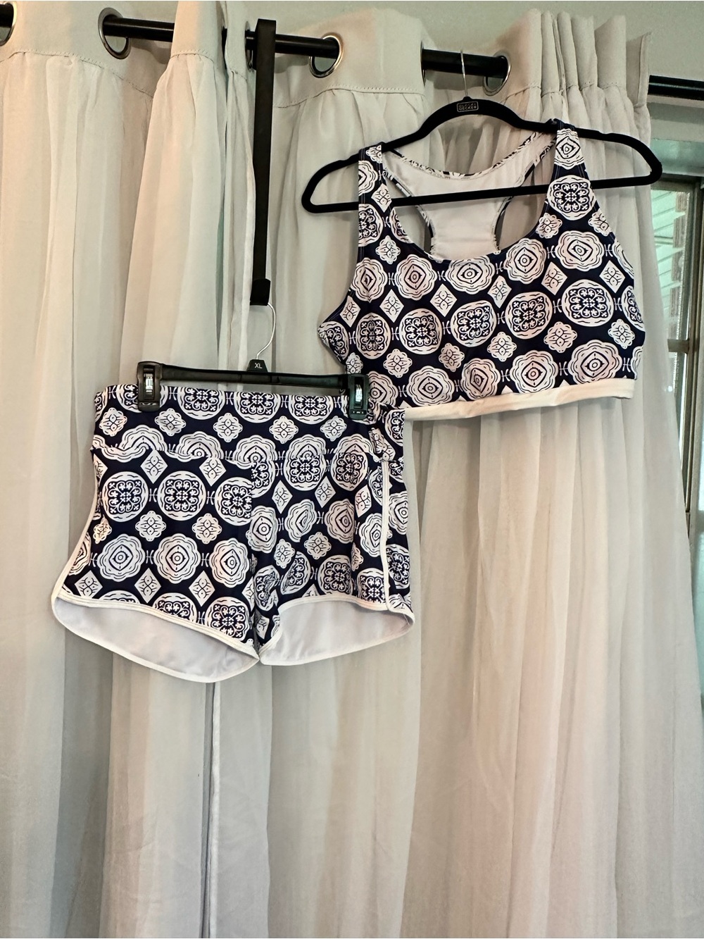 Women’s Navy & White Printed Sports Bra and Shorts Swim Set with Cover Top - Picture 2 of 9